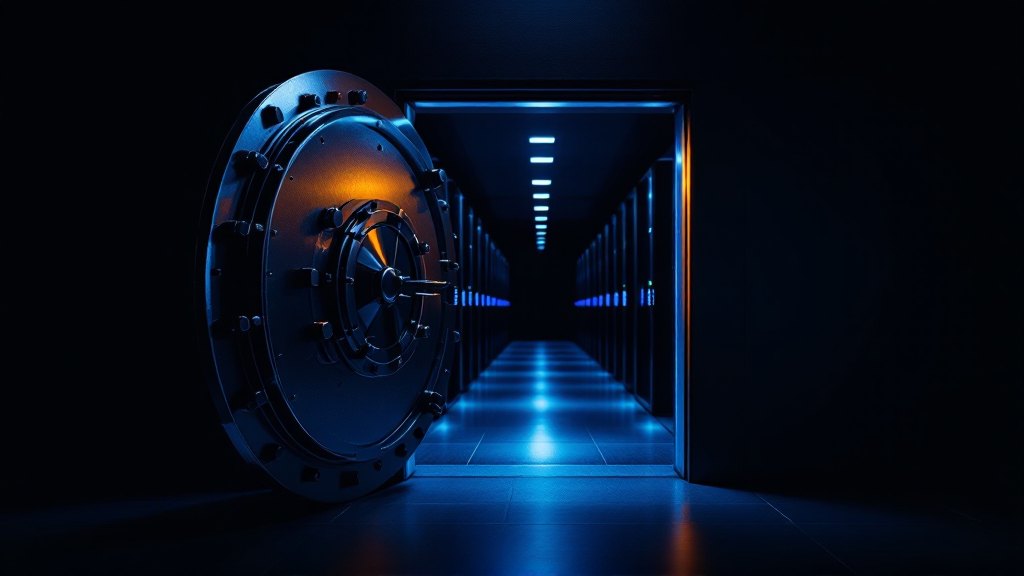 An open bank vault door with a server room behind it, blue status lights in the dark